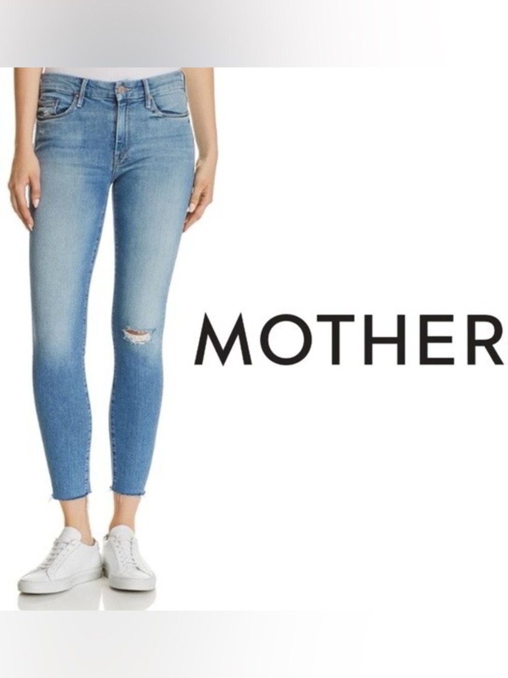 MOTHER Light Blue Cropped Distressed Skinny Jeans